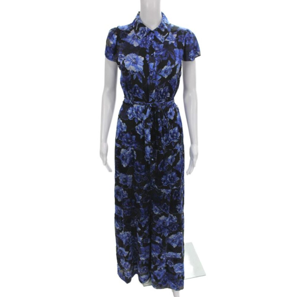 Alice + Olivia Women Black Floral Maxi Dress Collared Short Sleeve Size 4